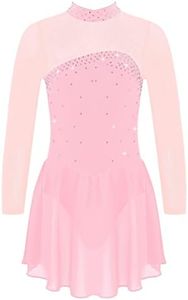 iiniim Kids Girls Sparkly Rhinestones Mesh Splice Dance Dress Figure Ice Skating Dance Leotard Dress Competition Dancewear Pink 6 Years