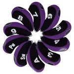 Andux Print Number Golf Iron Club Head Covers with Transparent Window 10pcs/Set Black/Purple