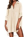 Ekouaer Boyfriend Beach Shirt Fashion V-Neck Cotton Beach Top/Swimsuit Cover Up,S