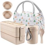 Iteryn Stackable Bento Box with Lunch Bag, 3 Compartment Japanese Lunch Containers, Wheat Straw, All-in-1 Bento Lunch Box Kit for Adult Meal Prep Lunch Snack