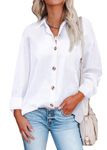 HOTOUCH Womens Cotton Shirts Casual Long Sleeve V Neck Blouse Shirt Button Down Ladies Office Work Loose Shirts Blouses White M