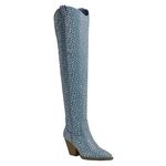 ABSOLEX Women Western Cowgirl Cowboy Pointed Toe Rhinestone Mid-Calf Over the Knee Boots, Blue Denim, 4.5 UK