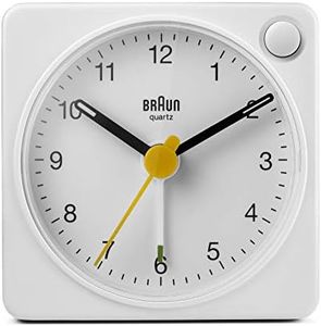 Braun Classic Travel Analogue Clock with Snooze and Light, Compact Size, Quiet Quartz Movement, Crescendo Beep Alarm in White, Model BC02XW, One, White, One Size, Classic