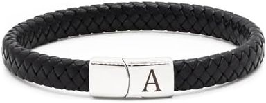 HAYOUWAY Mens Leather Bracelet with Initial Letter Bracelet, Valentines Gifts for Him Her Men Boyfriend Braided Black Leather Bracelet with Engraved Stainless Steel Magnetic Clasp Bracelets for Women