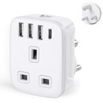 UK to India Plug Adapter,SHUOMAO Grounded UK to 3 Pin India Travel Adapter with 3 USB+1 USB C 32W Fast Charger,Converter Plug Adaptor for India,Sri Lanka,Pakistan,Burma,Maldives,Yemen(Type D)