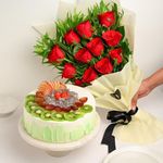 FlowerAura Delicious 500g Mix Fruit Cake With Fresh Live 12 Red Roses Flower Bouquet For Valentine's Day Gift, Birthday Gift, Anniversary Gift, Women's Day Gift & Mother's Day Gift (Same Day Delivery)