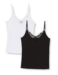 VERO MODA Women's Vminge Lace Singlet Noos Petite Pack of 2 Top, Black/Pack:Bright White, S