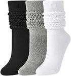 JOCMIC 3 Pairs Slouch Socks Women Extra Long Knee High Scrunch Socks Size 6-11, Black+white+grey, 6-11