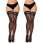 YOGINGO 2 Pcs Sheer Lace Top Thigh High Stockings for Women - Silicone Bands Hold Up Lingerie Elegant and Comfortable, XL, Black