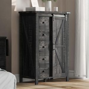 LUXOAK 31.5" Farmhouse 5-Drawer Dresser with Barn Door, Black Oak