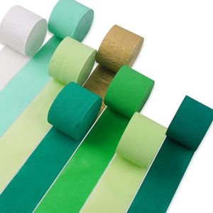 PartyWoo Green Crepe Paper Streamers 8 Rolls 656 ft Pack of Dark Light Lime Green and Metallic Gold Crepe Paper for Graduation Jungle Forest Birthday Party Decorations (1.8 Inch x 82 Ft/Roll)