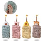 Juebm 4Pcs Hanging Hand Towels for Kitchen with Loop,Bathroom Hand Towels Hanging, Absorbent Microfiber Hand Drying Puff, Double-Sided Animal Thick Kids Hand Dry Towels