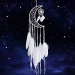 Dremisland White Dream Catcher Handmade Moon Design with Feathers Dreamcatcher Wall Hanging Home Decoration Ornament Christmas Festival Craft Gift (White Moon)