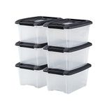 Iris Ohyama Storage Boxes with Lids, 5L, Set of 6, Black, Secure Buckles, Stackable, Pull-Handles, For Bedroom, Closet, Office, Organisation, BPA Free Plastic, Clothes Tote, NTB-5