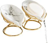 Dobbyby Leaf-Shaped Soap Dish – Ceramic Soap Bar Holder with Self-Drainage System – Bar Soap Holder for Shower, Bathroom Sink, Kitchen – Soap Dish with Stainless Steel Stand (White-Gold-2 Pack)