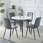 HomJoy Round White Dining Table and Dining Chairs Set 4 Slate Sintered Stone Marble Effect Kitchen Table 90cm with Light Grey Dining Chair Black Metal Legs for Home Office Dining Room