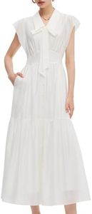 GOELIA Women Summer White Dresses Casual Lapel Neck Ruffle Cap Sleeve Tencel Blend Maxi Dress Sash Vacation Wedding Guest Dresses Beach Sundress White 2026 Dress Party Dresses