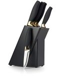 5pc Kitchen Knife Set & Block - Brooklyn Range by Taylors Eye Witness. Brass Coloured Bolsters, Finely Ground Razor Sharp Stainless Steel Blades. Soft Grip Handles All Set in A Black Wood Holder.