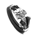 PiercingJak Mens Viking Thor's Hammer Mjolnir Bracelet Stainless Steel Skull Hammer Black Genuine Leather Bracelet Viking Wristband for Men