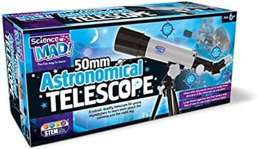 Science MAD! 50mm Astronomical Telescope for Kids - Learn Astronomy and The Universe with Fun - Features Portable, 50mm Lens, Tripod and Mount, 18x and 90x Magnification, 6+ Years