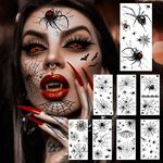 COKTAK 8 Sheets Large 3D Spider Web Temporary Tattoos Halloween Makeup Kit For Women Adults Realistic Witch Bat Zombie Fake Face Tattoos Sticker For Kids Men Adults Scary Halloween Decals Spiderweb