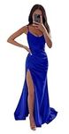 HYEC7 Spaghetti Straps Satin Prom Dress Mermaid Wrap Bridesmaid Dress with Slit Elegant Long Backless Evening Dress Royal Blue