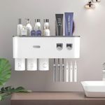 Hushnow Wall Mount Toothbrush Holder,Double Auto Toothpaste Dispensers, with 3 Magnetic Cups 6 Brush Slots, Large Storage Tray and Cosmetic Drawer Organizer Toothbrush Holder for Bathroom (Grey)