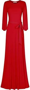 Bon Rosy Women's Cuffed Long Sleeve Round Neck Maxi A-Line Dress - Red - Small