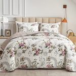 3 Pieces Full/Queen Size Quilt Set, Beige Floral Reversible Bedspread Coverlet Set, Soft Microfiber Lightweight Bed Cover for All Season (90" x 90", 1 Quilt+ 2 Pillow Shams)