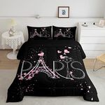 Eiffel Tower Comforter Set Chic Paris Bedding Set Romantic Theme Comforter for Boys Girls Children Teens Black Pink Bedroom Decor Modern French Style Duvet Set Twin Size with 1 Pillow Case