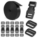 BEYOURD Buckles and Straps Set 1": 6 Yards of High Strength Polyester Webbing, 6-Pack Heavy Duty Adjustable Quick Side Release Plastic Buckles, 12 Tri-Glide Slide Clips, Black (1-Inch Combo Set)