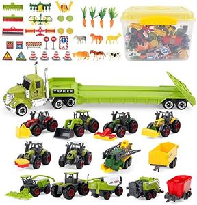 deAO 45 Pezzi Kit per veicoli agricoli, Gioco di Fattoria con Veicoli ad Attrito Set di 4 Trattore con Rimorchi Rimovibili Inclusi, Accessori per Trattori, Camion e Animali da Fattoria, Regali bambini