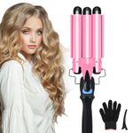 3 Barrel Curling iron Hair Waver, Pretfy 22mm Professional Ceramic Hair Curler with Temperature Control, 15s Fast Heating Triple Barrel Crimper Wand for Waving Hair, Dual Voltage