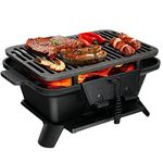 TANGZON Cast Iron BBQ Grill, Portable Pre-Seasoned Charcoal Grill Stove with Double Sided Grill Grid, Air Control & Coal Door, Indoor Outdoor Hibachi-Charcoal Grill for Camping Picnic Party