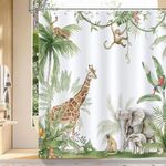 Bonhause Tropical Rainforest Animals Shower Curtain 180 x 180 cm Jungle Giraffe Elephant Bathroom Curtain Waterproof Mildew & Mould Resistant Polyester Fabric Bath Curtain with 12 Hooks