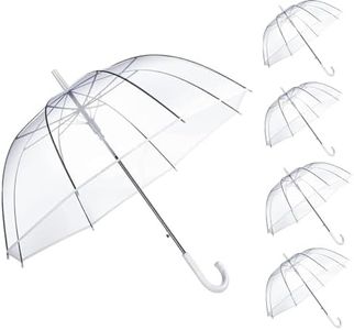 5 Pieces Clear Wedding Umbrella Automatic Open Rounded Umbrella Windproof Bubble Umbrella J Handle Large Canopy Stick Umbrella for Bride Groom Photography Rain Ceremony,White Transparent Umbrella