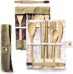 Greenzla 2-Pack Bamboo Utensils Set | With Bonus 2 Bamboo Toothbrushes | Natural Bamboo Straw, Spoon, Fork, Knife, Teaspoon, Chopsticks, Brush & 2 Storage Bags | Reusable Bamboo Cutlery set