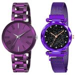 FROZIL Analog Purple Dial Stainless Steel Magnetic Belt Watch Combo for Womens and Girls Pack of 2