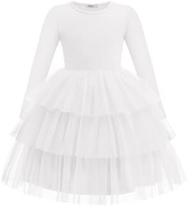 Arshiner Girls Dresses Long Sleeve Toddler Girls Tutu Formal White Wedding Tulle Dress for Little Kids 2 Years