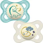 MAM Night Soothers 0+ Months (Pack of 2), Glow in the Dark Baby Soothers with Self Sterilising Travel Case, Newborn Essentials, Blue/White, (Designs May Vary)