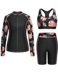 Daci Women Three Piece Rash Guard - 3PC Long Sleeve Zip up Swim Shirt Sports Bra with Boyleg Shorts, Orange Floral, Large