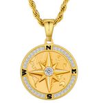 KRKC&CO Men’s Pendant Necklace, St. Christopher/Compass 18K Gold Plated Stainless Steel Chain with Pendant, Medallion Medal Coin Pendant Necklace for Men and Boys (Iced Compass-18K Gold Plated)