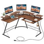 Tangkula L-Shaped Computer Desk with Power Outlet, 51" Corner Computer Workstation with Monitor Stand, Keyboard Tray & Headphone Hook, Ergonomic Gaming Desk for Home Office (Rustic Brown)