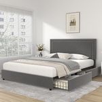 VECELO Double Size Upholstered Platform Bed Frame with 4 Storage Drawers, Adjustable Velvet Rivets Headboard, Wooden Slats Support, No Box Spring Needed, Easy Assembly