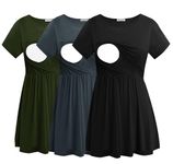 Smallshow Women's Maternity Nursing Tops Short Sleeve Breastfeeding Clothes 3 Pack,Army Green-Black-Dark Grey,M