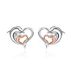 Dolphin Stud Earrings 925 Sterling Silver Gold Plated Eternal Love Heart Double Dolphin Stud Earrings Gifts for Women Girls