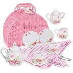 Jewelkeeper Porcelain Tea Set for Little Girls with Pink Picnic Basket, Floral Design, 18 Pieces