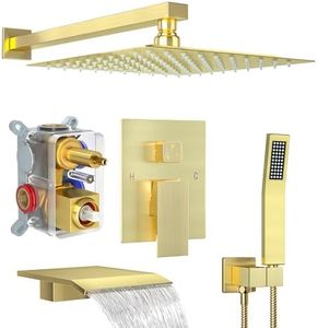 Fatspas Shower System with Tub Spout, Wall Mounted Shower Faucet Set for Bathroom with 12 Inch Rain Shower Head and Handheld Shower Head Set, Brushed Gold