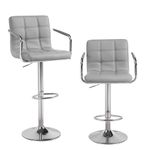 Cuban Bar Chairs with Armrest, Height Adjustable Synthetic Leather 360° Swivel Kitchen Stool with Backrest and Footrest for Breakfast Bar, Counter, Kitchen and Home (Set of 2 Stools, Gray)