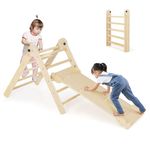 COSTWAY Toddler Climbing Frame, Foldable Kids Indoor Gym Playset with Double-side Ramp, Wooden Triangle Cilmbing Montessori Toy for Boys Girls (Natural)